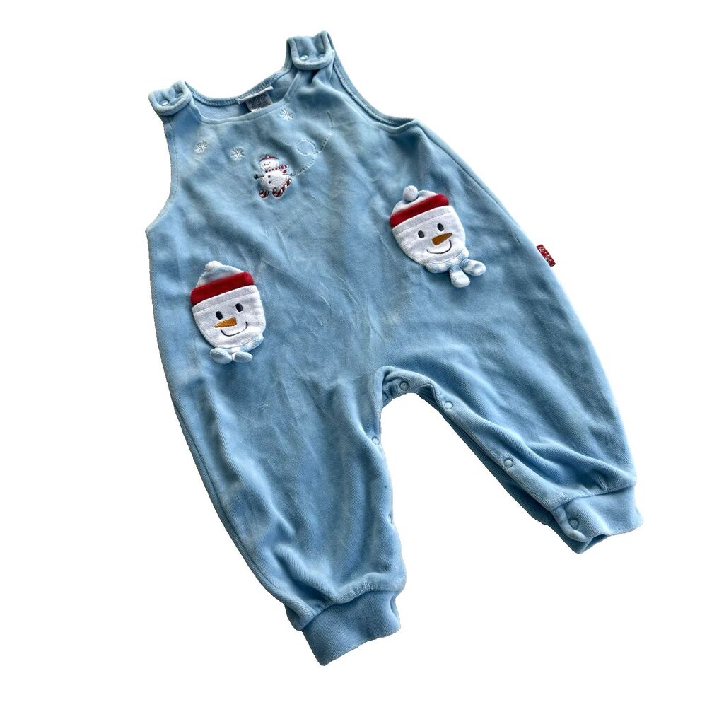 Vtg Le Top Romper Velour Blue Snowman 3D Pockets Xmas Christmas Winter Sz 12M